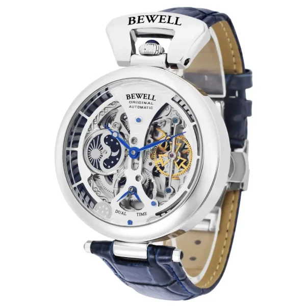 Hochwertige Bewell Automatik-Uhr mit skelettiertem Zifferblatt, sichtbare Mechanik, blauer Zeiger, Lederarmband, für Wissenschafts- und Uhrenliebhaber.