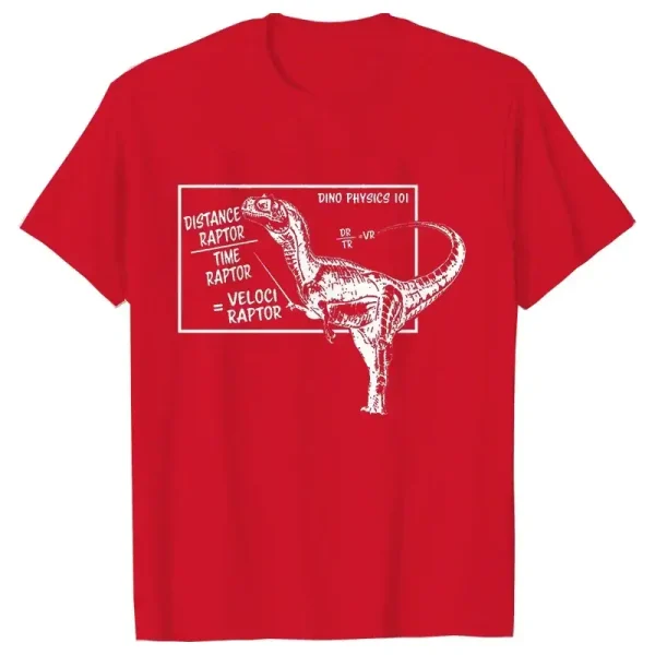 Rotes T-Shirt mit Dino-Physik-Design, das eine wissenschaftliche Skizze eines Dinosauriers und physikalische Formeln zeigt. Perfekt für Wissenschafts- und Dinosaurierliebhaber.