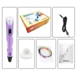 Innovatives 3D-Druckstift-Set mit farbigen Filamenten, Netzteil, Bedienungsanleitung und Ständer für kreative Bastelprojekte.
