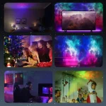 Lichter im Kinderzimmer, Weihnachtsbaum und Gaming-Setup mit bunten LED-Lichtern, ideal für festliche Stimmung und Unterhaltung.