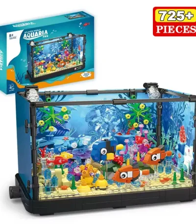 Detailliertes Aquarium-Bauspielset mit bunten Meeresbewohnern und Pflanzen, ideal für Kinder ab 8 Jahren, fördert Kreativität und Feinmotorik.