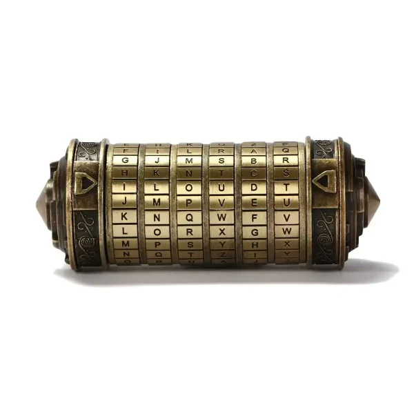 Antiker Verschlüsselungswürfel mit rotierenden Ringen, der Buchstaben zur Codierung von Nachrichten verwendet. Perfekt für Wissenschafts- und Dekorationsliebhaber.