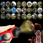 Kind spielt mit Dinosaurier-Forscher-Spielzeug und Taschenlampe, um Dinosaurierbilder zu erkunden, ideal für Wissenschafts- und Bildungsgeschenke.