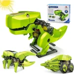 Innovativer grüner Roboter-Dinosaurier, der mit Solarenergie betrieben wird, inklusive beweglicher Gliedmaßen und detailliertem Design, ideal für Wissenschafts- und Technikliebhaber.