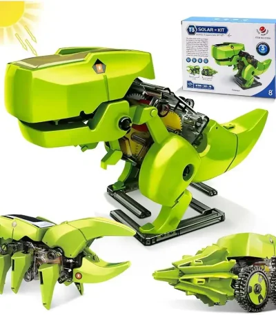 Innovativer grüner Roboter-Dinosaurier, der mit Solarenergie betrieben wird, inklusive beweglicher Gliedmaßen und detailliertem Design, ideal für Wissenschafts- und Technikliebhaber.