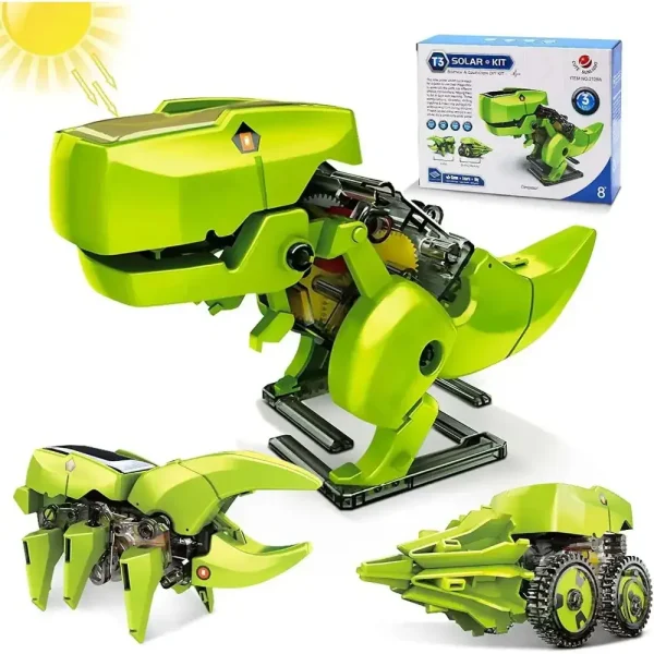 Innovativer grüner Roboter-Dinosaurier, der mit Solarenergie betrieben wird, inklusive beweglicher Gliedmaßen und detailliertem Design, ideal für Wissenschafts- und Technikliebhaber.