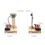 Wissenschaftlicher Experimentierständer mit verstellbarer Höhe, bestehend aus Holzbasis, Motor, Batterie und Sensor, ideal für Bildungszwecke und wissenschaftliche Demonstrationen.
