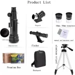 Hochwertiges Teleskop mit Objektiv, inklusive Zubehör wie Diagonale, Finder, 10mm & 20mm Okulare, Rucksack, Stativ, Premium-Box und Bedienungsanleitung für Astronomie-Enthusiasten.