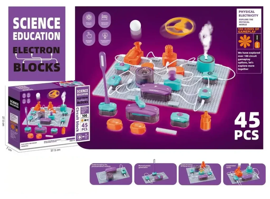 Bildungselektronikspiel für Kinder ab 6 Jahren, bestehend aus 45 Teilen, um spielerisch Elektrizität zu lernen.