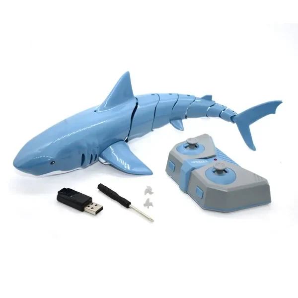 Blaues Hai-Spielzeug mit Fernsteuerung, USB-Ladegerät und Zubehör, realistische Gestaltung, ideal für Wissenschafts- und Dekorationszwecke.