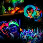 Leuchtende Figuren und Lichtmalerei bei Nacht, die mit fluoreszierender Kleidung und LED-Accessoires tanzen und Spaß haben. Perfekt für kreative Events und Partys im Dunkeln.