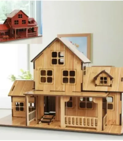 Detailliertes Holzhaus Modell mit mehreren Etagen, Fenstern und Veranda, ideal für Kinderzimmerdekoration oder als dekoratives Element in Wohnräumen.
