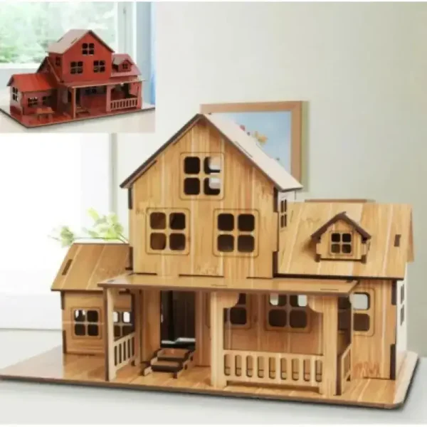 Detailliertes Holzhaus Modell mit mehreren Etagen, Fenstern und Veranda, ideal für Kinderzimmerdekoration oder als dekoratives Element in Wohnräumen.