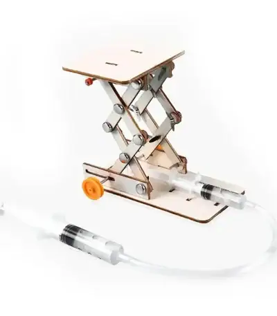 Detailliertes Bild eines wissenschaftlichen Labortischs mit mechanischen Komponenten und Schlauch, ideal für wissenschaftliche Demonstrationen und Experimente.