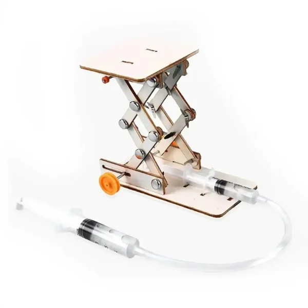 Detailliertes Bild eines wissenschaftlichen Labortischs mit mechanischen Komponenten und Schlauch, ideal für wissenschaftliche Demonstrationen und Experimente.