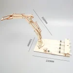 Detailliertes Holzmodell eines Roboterarms mit beweglichen Gelenken, ideal für Wissenschafts- und Technik-Dekorationen. Maße: 350mm hoch, 230mm breit, 370mm lang.