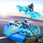 Zwei futuristische Drohnen im Flug, inspiriert von Raumfahrttechnik, mit leuchtenden blauen und schwarzen Elementen, auf einer offenen Straße bei Sonnenuntergang.