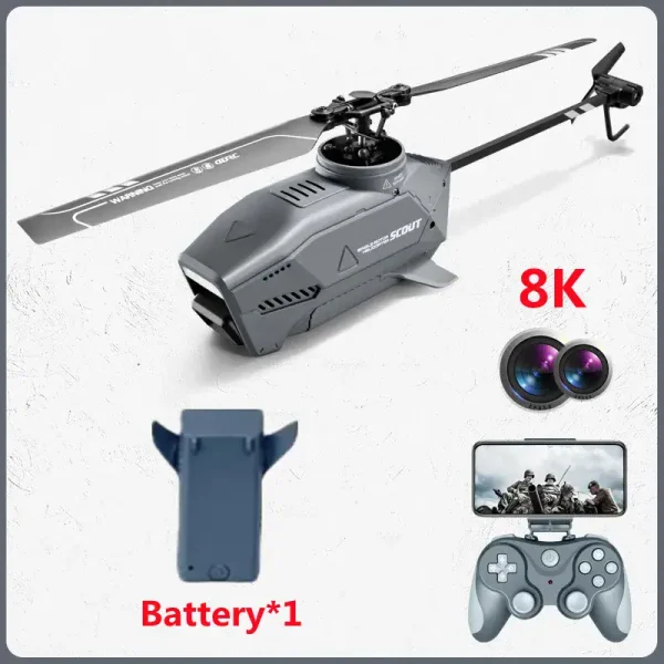 Ferngesteuerter Helikopter mit Kamera, 8K Auflösung, inklusive Batterie, Smartphone-Halterung und Steuerung, ideal für Luftaufnahmen und Hobbyfliegen.