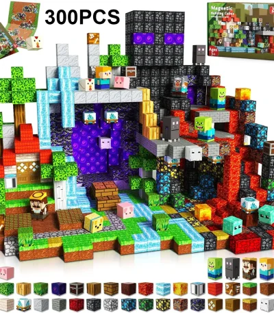 Miniaturwelt aus Bausteinen mit Minecraft-Thema, Wasserfall und Landschaft.