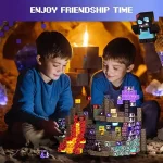 Zwei Kinder spielen mit einem Minecraft-Block-Set in einer Höhlenkulisse, umgeben von leuchtenden Kristallen und Lava, fördert Kreativität und Freundschaft.