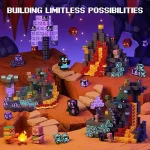 Kreative Bauwerke aus bunten Bausteinen mit Lava- und Wasser-Elementen, inspiriert von Minecraft, auf einer fantasievollen Science-Gadgets-Bühne.