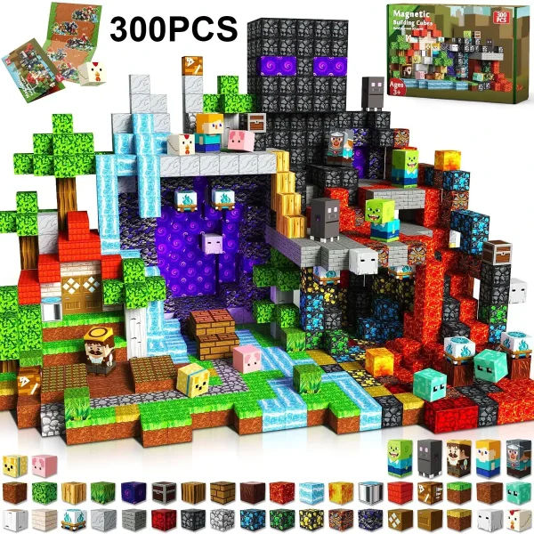 Miniaturwelt aus Bausteinen mit Minecraft-Thema, Wasserfall und Landschaft.