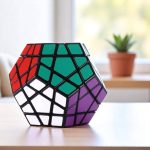 Buntes 3D-Würfelpuzzle mit farbigen Flächen auf einem Holztisch, ideal als wissenschaftliches Dekorationsstück oder Denkspiel.