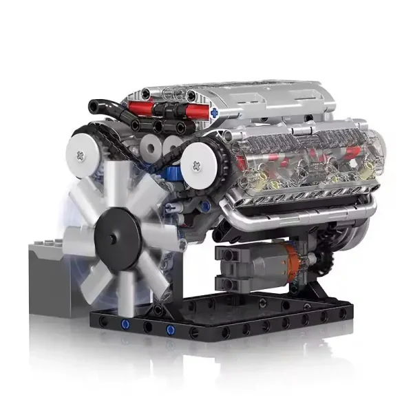 Detaillierter LEGO-Motorblock aus Technic-Teilen mit sichtbaren Zahnrädern und Komponenten, ideal für Wissenschafts- und Technik-Dekorationen.
