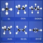Detaillierte Molekülmodelle verschiedener organischer Verbindungen, inklusive Methan, Ethan, Propan, Isopropan, Buten, Ethin, und Acetylen, dargestellt mit farbigen Kugeln und Stäben.