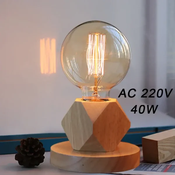 Dekorative Glühbirne auf Holzsockel mit warmem Licht, ideal für wissenschaftliche Dekorationen und moderne Inneneinrichtung.