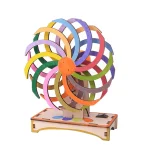 Buntes Holzlabyrinth mit mehreren Ringen, das auf einer Holzbasis montiert ist, ideal für wissenschaftliche und dekorative Zwecke.