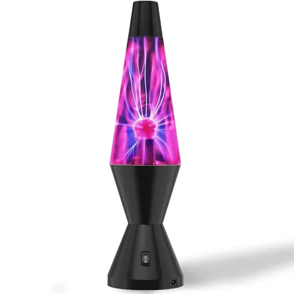 Plasmalampe in Raketenform mit violetten und rosa Blitzen.