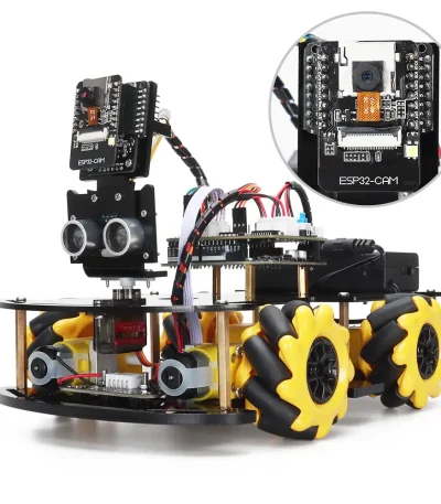 Ein DIY-Roboter mit Sensoren, Kamera und Rädern, ideal für Wissenschafts- und Technikprojekte, zeigt eine komplexe elektronische Baugruppe auf einem transparenten Chassis.