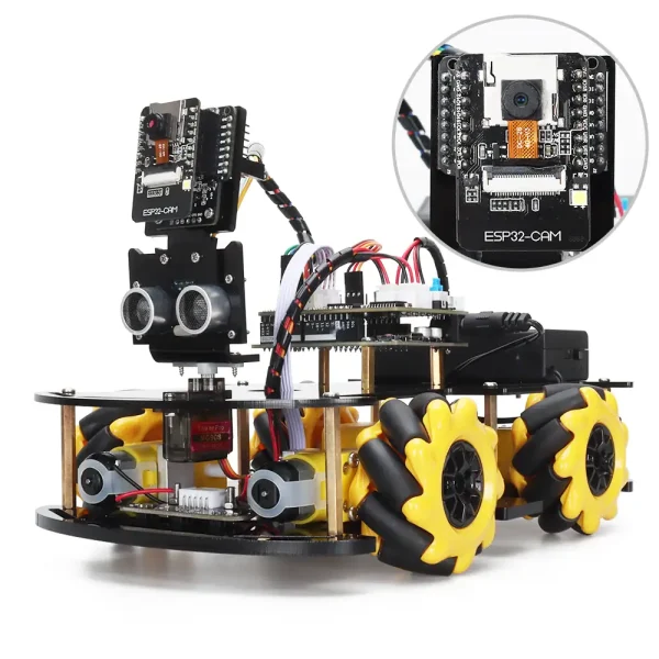 Ein DIY-Roboter mit Sensoren, Kamera und Rädern, ideal für Wissenschafts- und Technikprojekte, zeigt eine komplexe elektronische Baugruppe auf einem transparenten Chassis.
