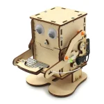 Holzroboter mit beweglichen Armen und Augen, ideal für Wissenschafts- und Technik-Dekorationen. Perfekt für Bildungs- und Bastelprojekte im Bereich Robotik.