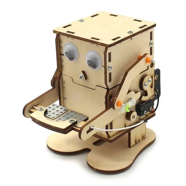 Holzroboter mit beweglichen Armen und Augen, ideal für Wissenschafts- und Technik-Dekorationen. Perfekt für Bildungs- und Bastelprojekte im Bereich Robotik.
