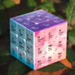 Kreativer Wissenschafts-Block mit chemischen Elementen, ideal für Dekoration und Bildung, in bunten Pastellfarben gestaltet.