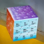 Bunte chemische Elemente in Würfelform, die die Periodentabelle darstellen, ideal für Wissenschaftsdekorationen und Lernmaterialien.