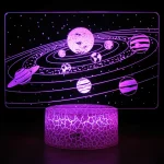 Leuchtende Sonnensystem-Dekoration mit Planeten und Sternen, ideal für Wissenschafts- und Raumfahrtliebhaber, in violettem Licht.