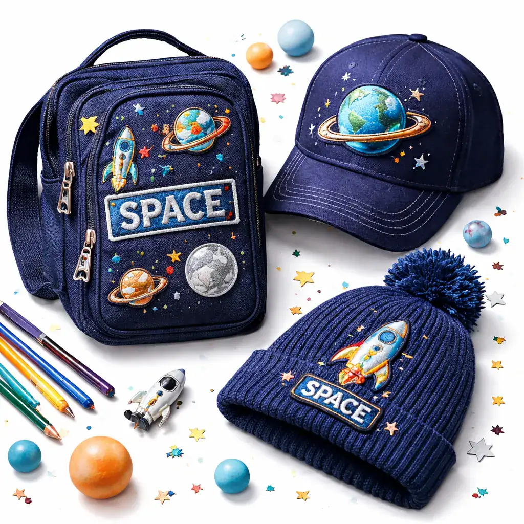 Kinderrucksack, Mütze und Cap mit Weltraummotiven, inklusive Raketen, Planeten und Erde, perfekt für kleine Astronauten.