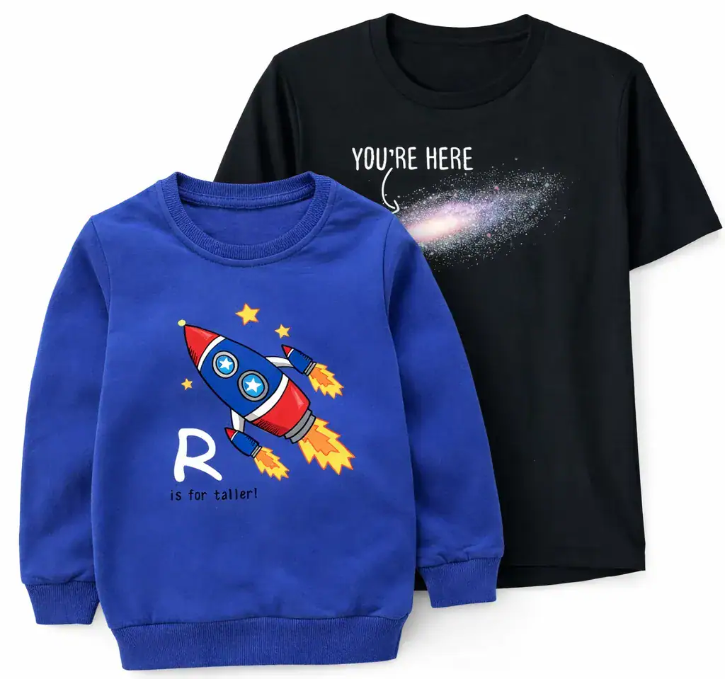 Kinderpullover mit Weltraummotiv, Rakete und Sternen, ideal für kleine Astronauten und Weltraumfans. Perfekt für den Alltag oder als Geschenk für junge Wissenschaftler.