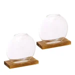 Zwei transparente Glasvasen auf rechteckigen Holzsockeln, ideal für Dekoration und wissenschaftliche Präsentationen.
