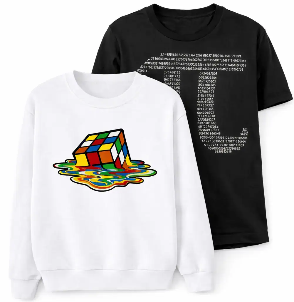 Weißer Pullover mit buntem Rubik's Cube, der in einer bunten, flüssigen Oberfläche schwimmt, auf schwarzem Hintergrund mit mathematischen Zahlen.