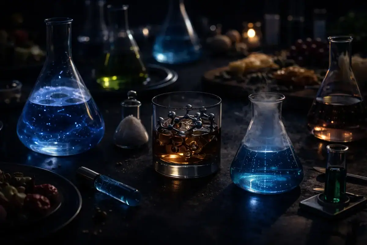 Laborfläschchen und -flaschen mit bunten Flüssigkeiten, in einer dunklen Atmosphäre beleuchtet, die Wissenschaft und Forschung evoziert.