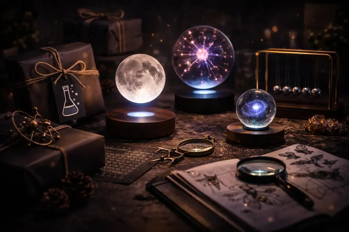 Eine innovative wissenschaftliche Dekoration mit Modellen von Planeten, dem Mond und physikalischen Experimenten. Perfekt für Wissenschafts- und Dekorationsliebhaber.