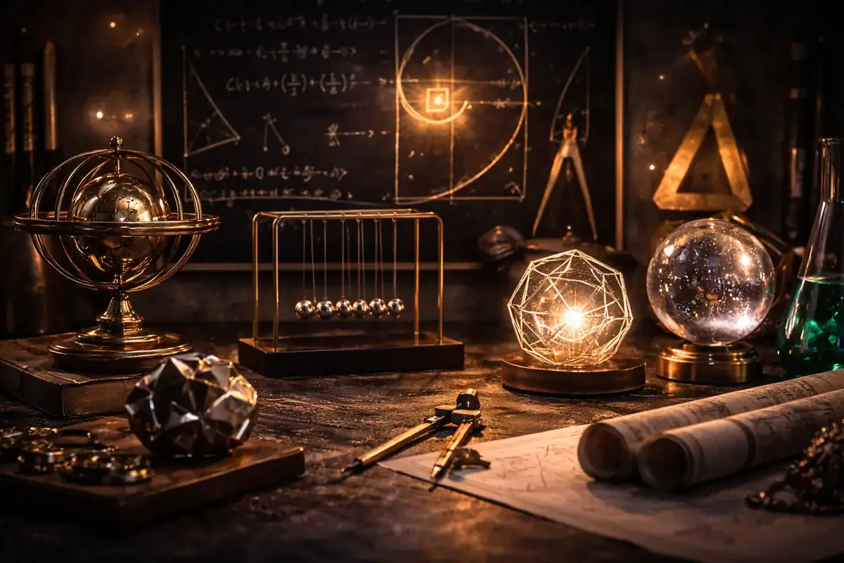 Sammlung von wissenschaftlichen Objekten und Laborinstrumenten auf einem Holztisch, mit Elementen wie Globus, geometrische Kugel, Reagenzgläser und Forschungsnotizen, in einem Studierzimmerdekor.
