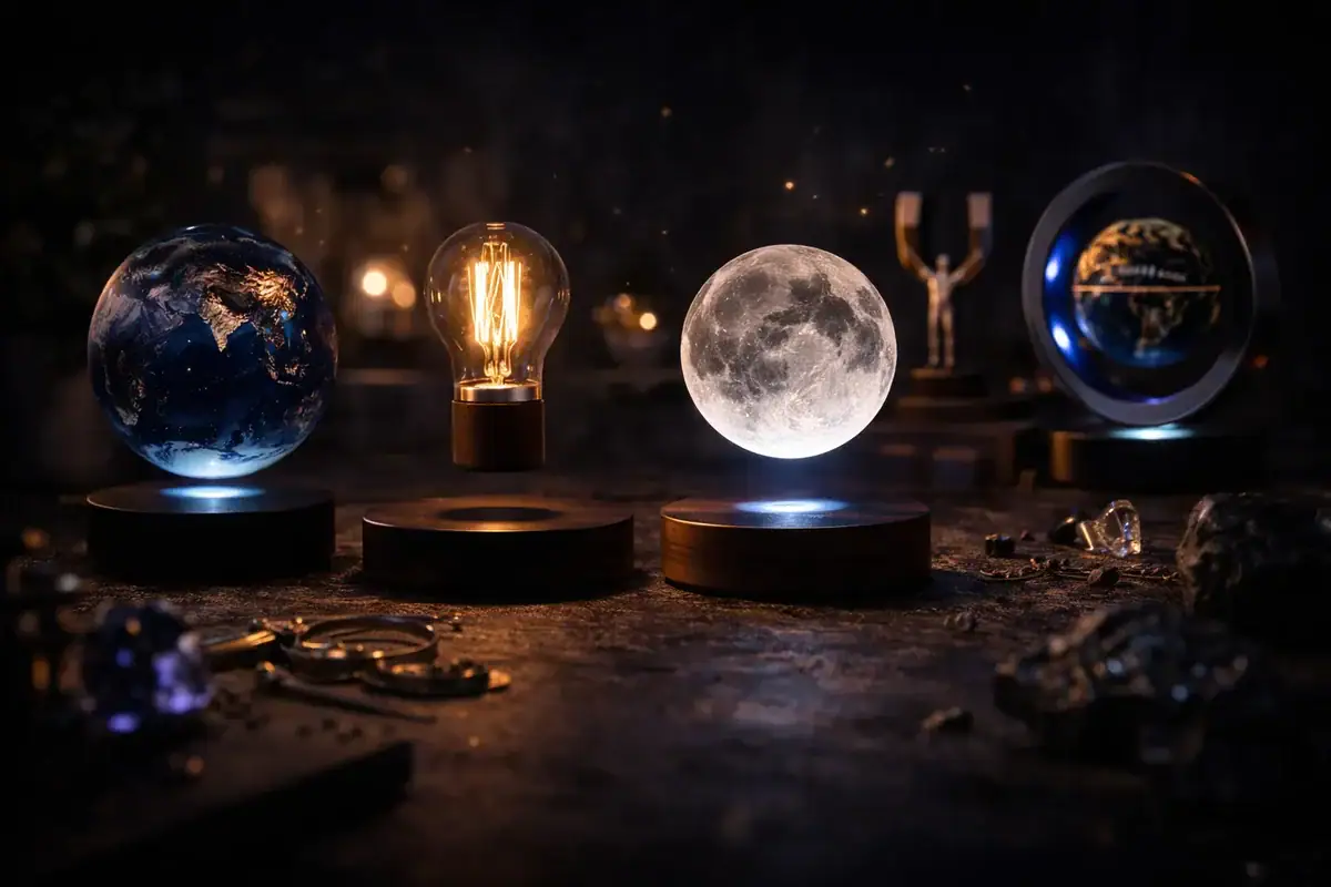Dekorative wissenschaftliche Objekte, darunter eine Weltkugel, eine Glühbirne, der Mond und ein Planet, perfekt für Wissenschafts- und Dekorationsliebhaber.