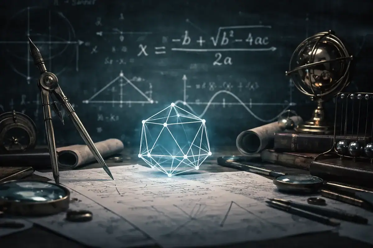 Wissenschaftliches Objekt mit geometrischer Struktur, umgeben von wissenschaftlichen Instrumenten wie Kompass, Globus und mathematischen Formeln auf einer Tafel.