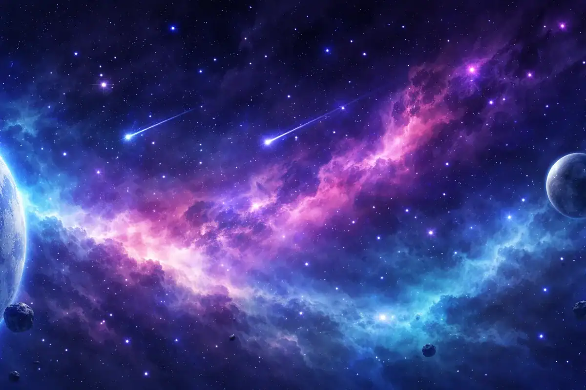 Himmel mit Meteoren, Planeten und Sternen, die durch das Universum ziehen, ideal für wissenschaftliche Dekorationen und Gadgets.