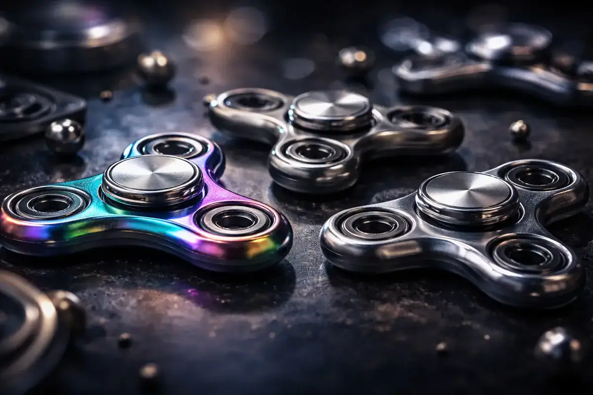 Nahaufnahme von bunten Metall-Fidget-Spinnern auf dunklem Hintergrund, ideal für Stressabbau und Konzentration.